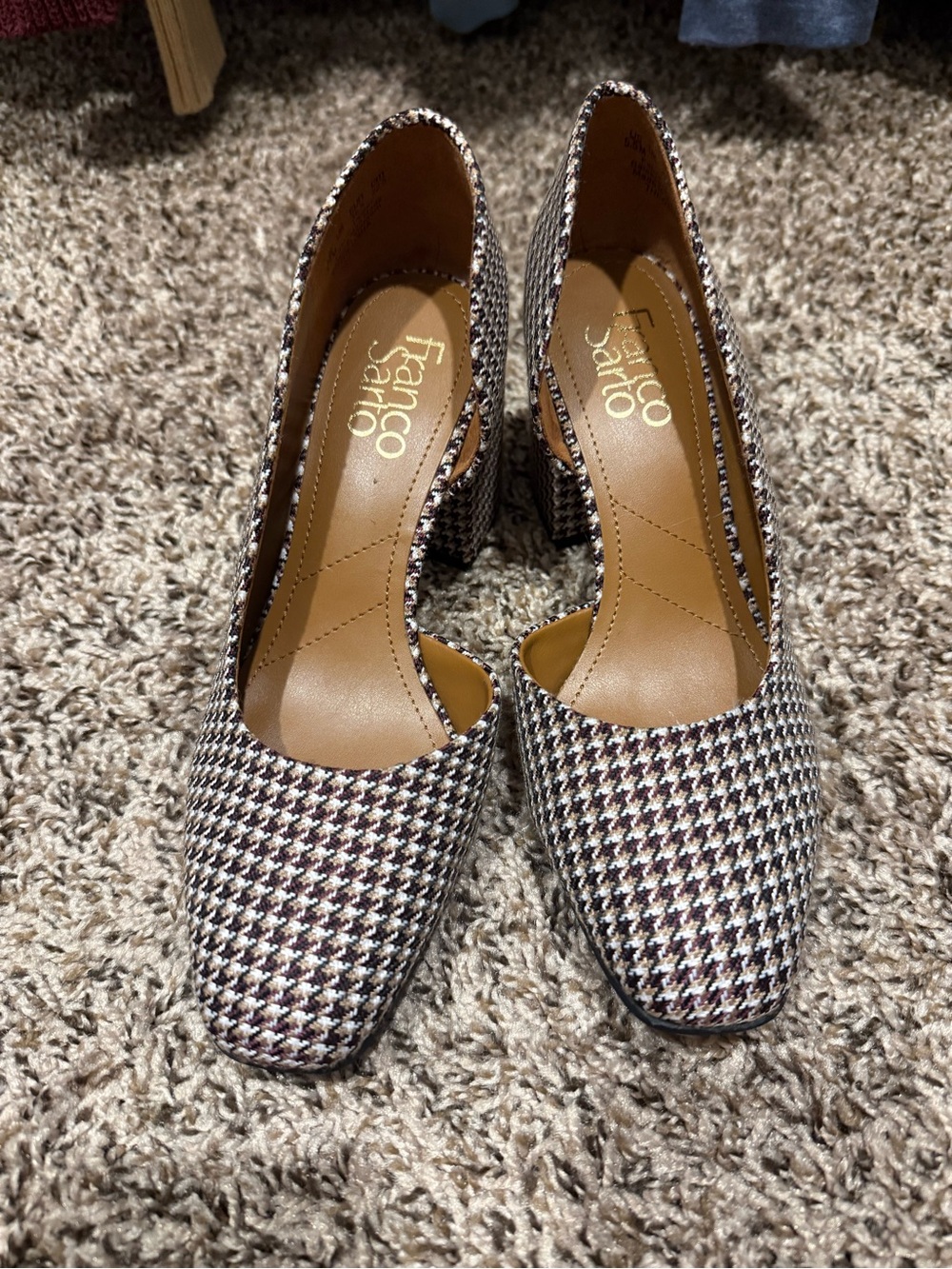 Franco Sarto Houndstooth Block Heel Pumps - Black, White, Brown